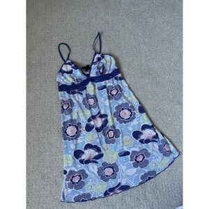 Floral Print Y2K Hippy Babydoll Lace Trim Spaghetti Straps Blue Pink Small